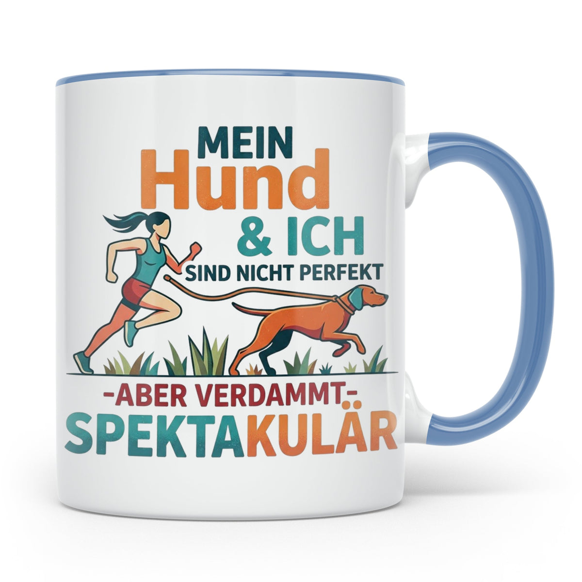 Canicross Tasse mit Spruch Mein Hund & Ich spektakulär. Kaff – Blau [farbe:blau]