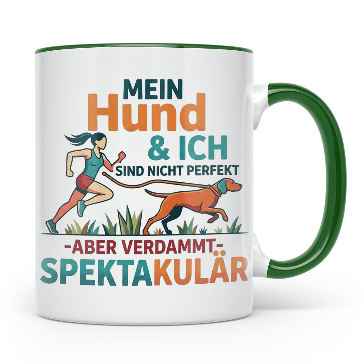 Canicross Tasse mit Spruch Mein Hund & Ich spektakulär. Kaff – Grün [farbe:grün]
