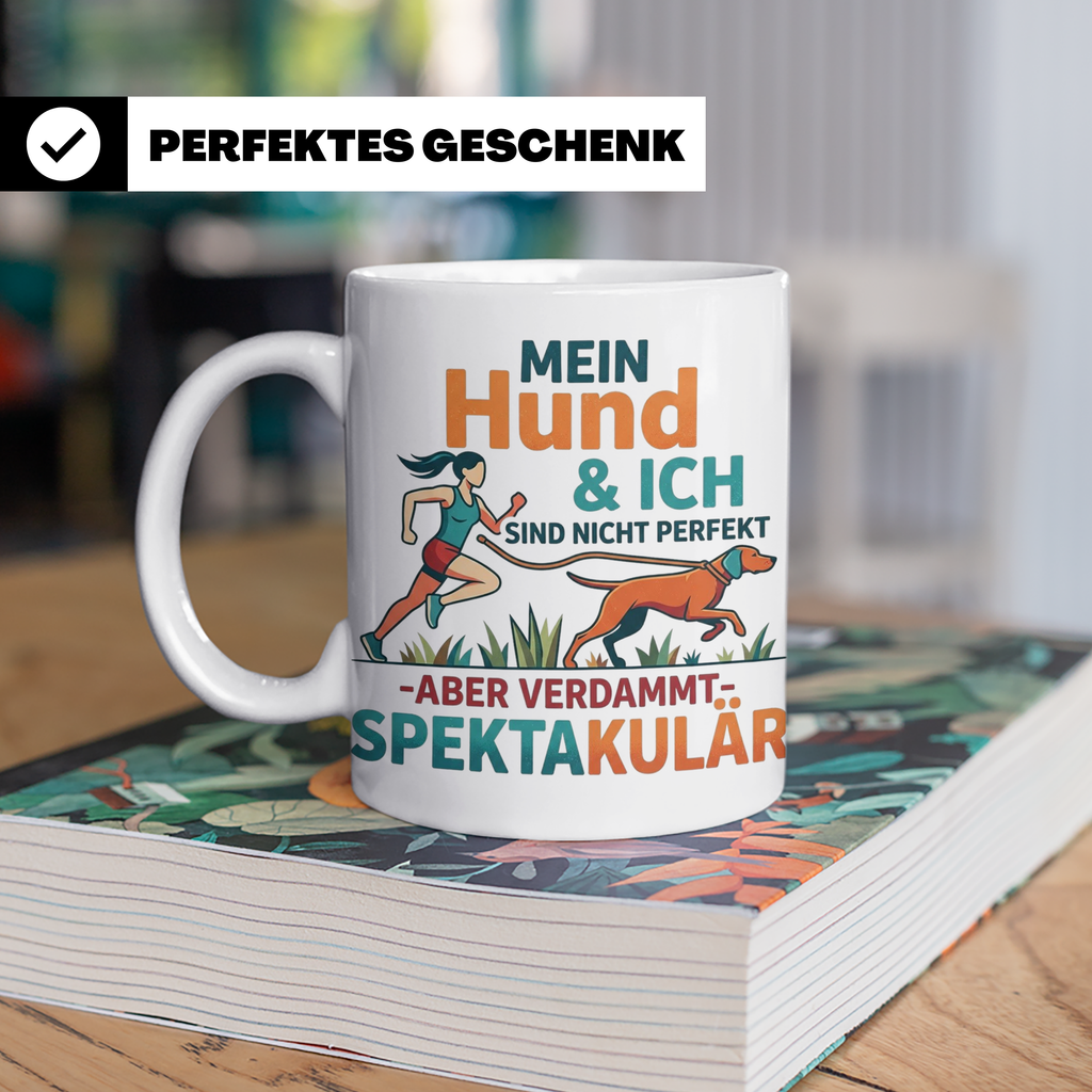 Canicross Tasse mit Spruch Mein Hund & Ich spektakulär. Kaff – Weiß [farbe:weiß]