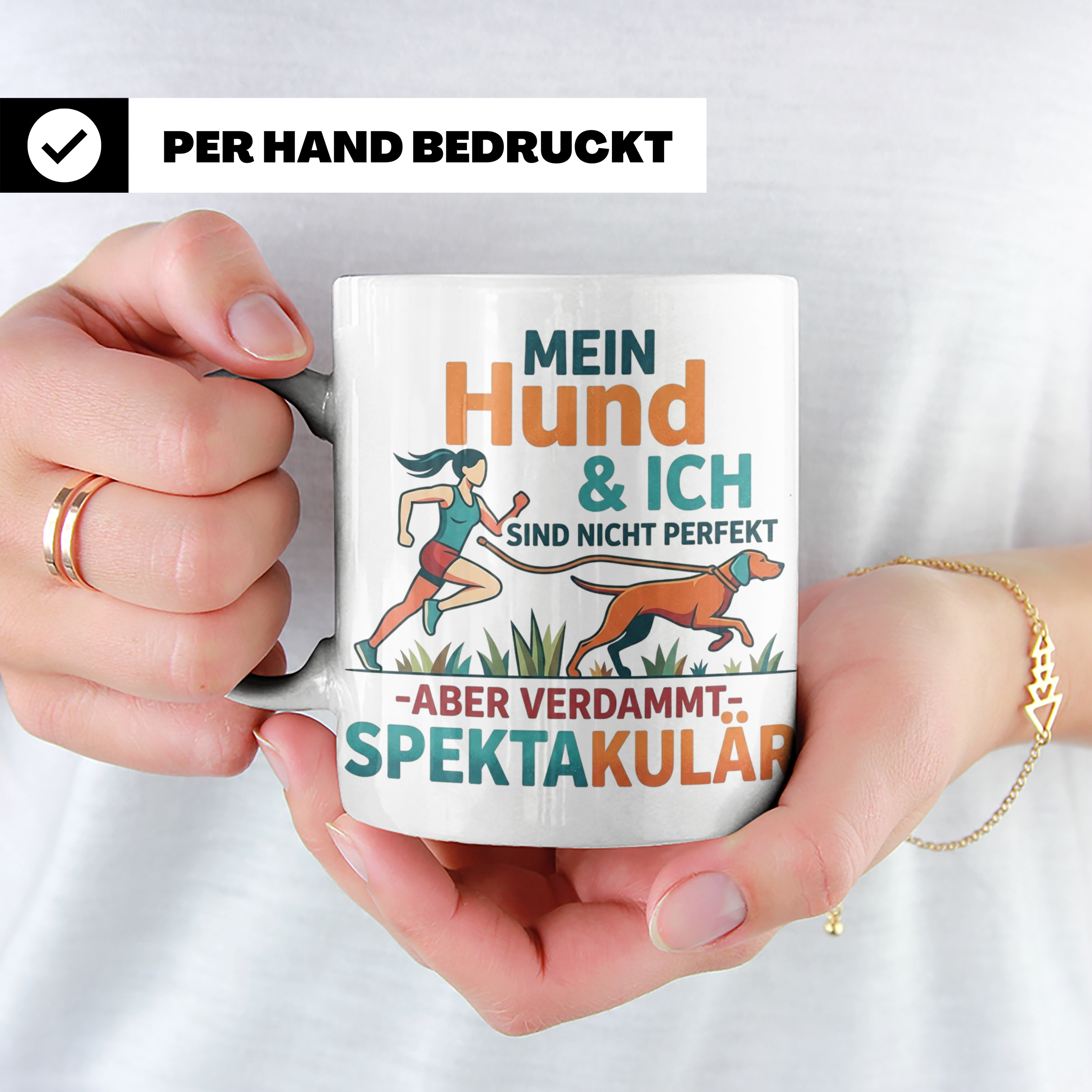 Canicross Tasse mit Spruch Mein Hund & Ich spektakulär. Kaff – Weiß [farbe:weiß]