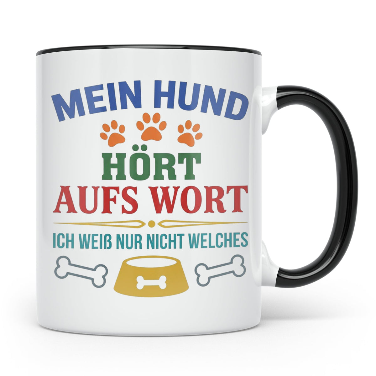 Hundetasse mit Spruch 'Mein Hund hört aufs Wort' Lustiges Ge – Schwarz [farbe:schwarz]
