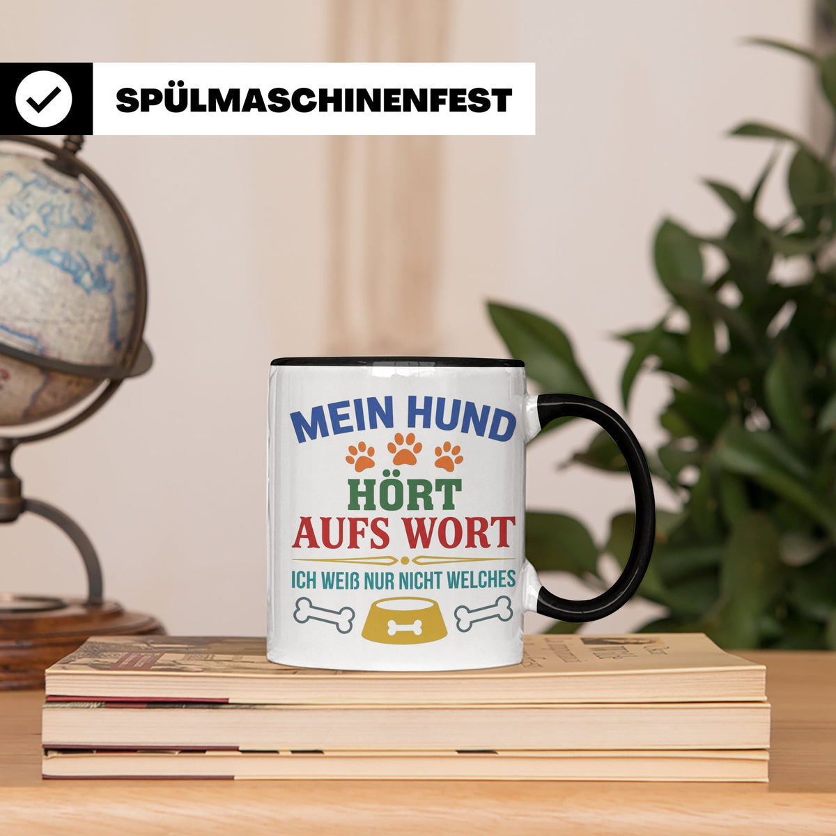Hundetasse mit Spruch 'Mein Hund hört aufs Wort' Lustiges Ge – Schwarz [farbe:schwarz]