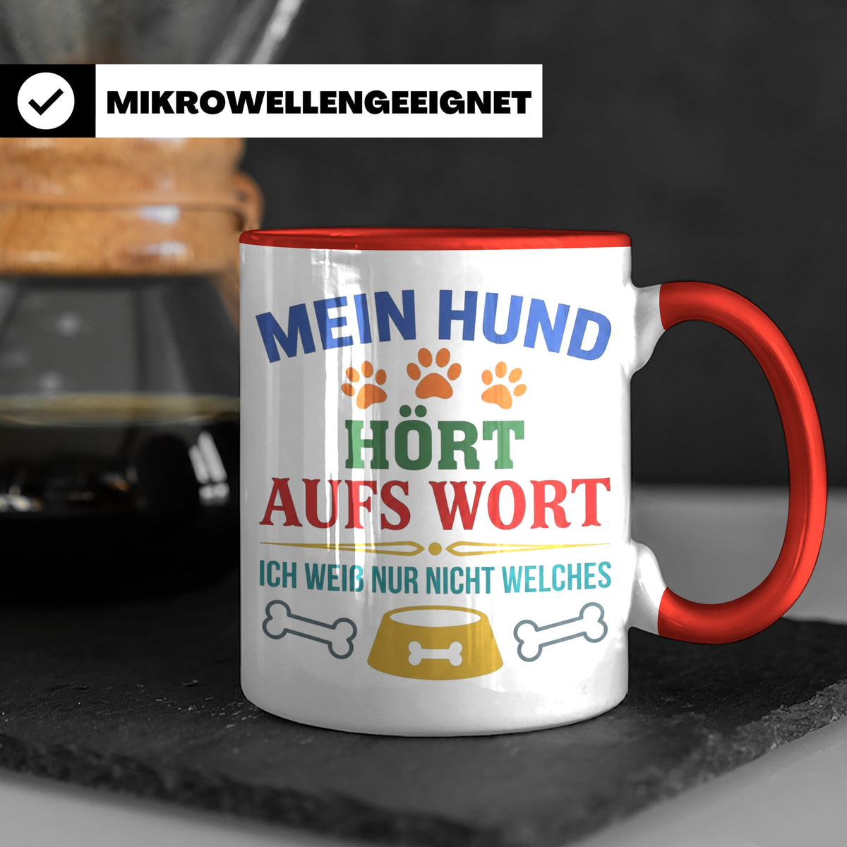 Hundetasse mit Spruch 'Mein Hund hört aufs Wort' Lustiges Ge – Rot [farbe:rot]