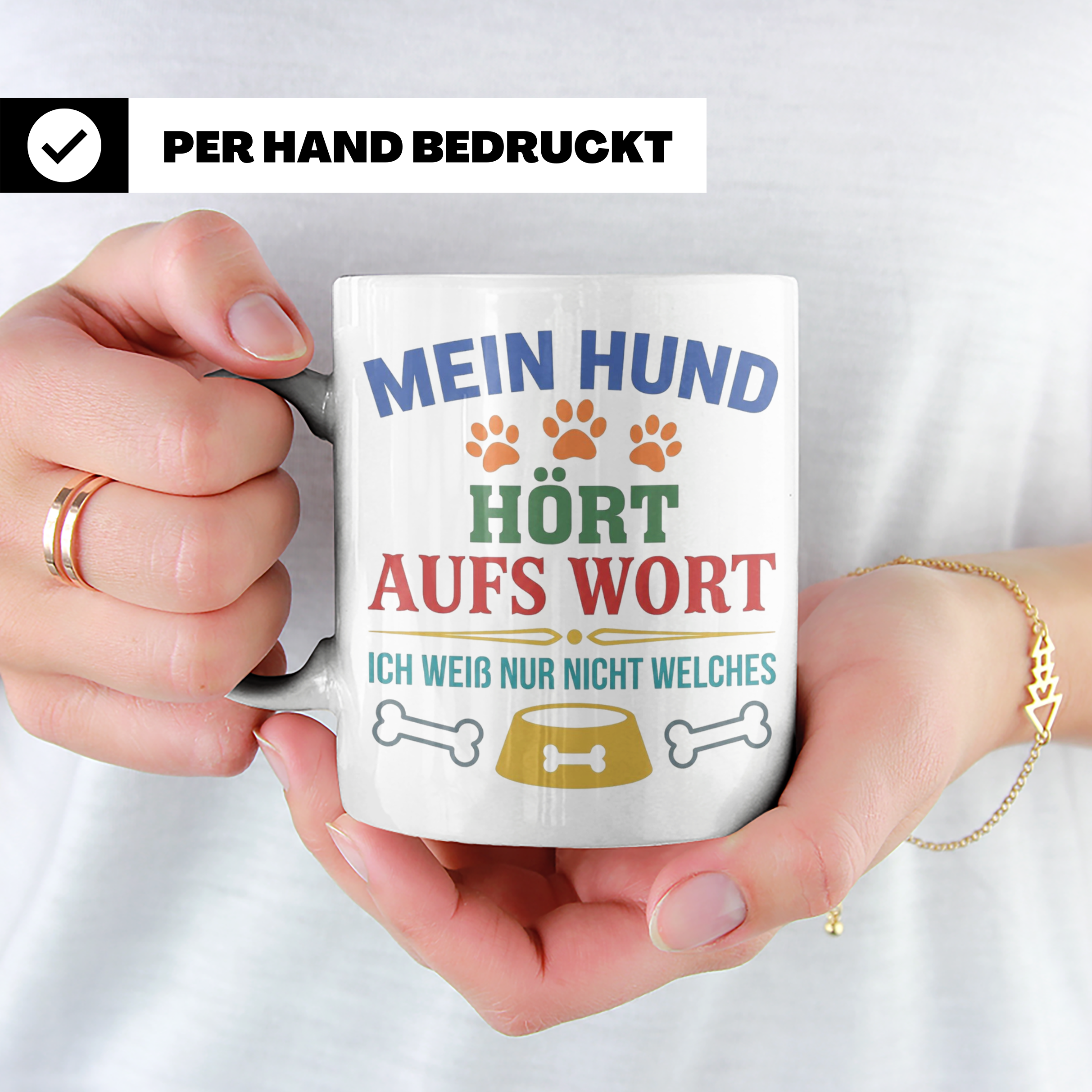 Hundetasse mit Spruch 'Mein Hund hört aufs Wort' Lustiges Ge – Weiß [farbe:weiß]