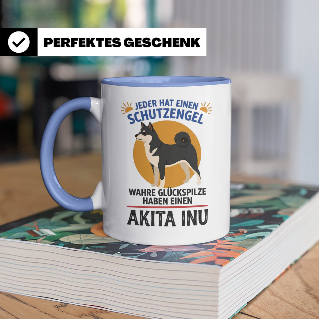 Akita Inu Tasse Schutzengel Glückspilz Spruch | Kaffeebecher – Blau [farbe:blau]
