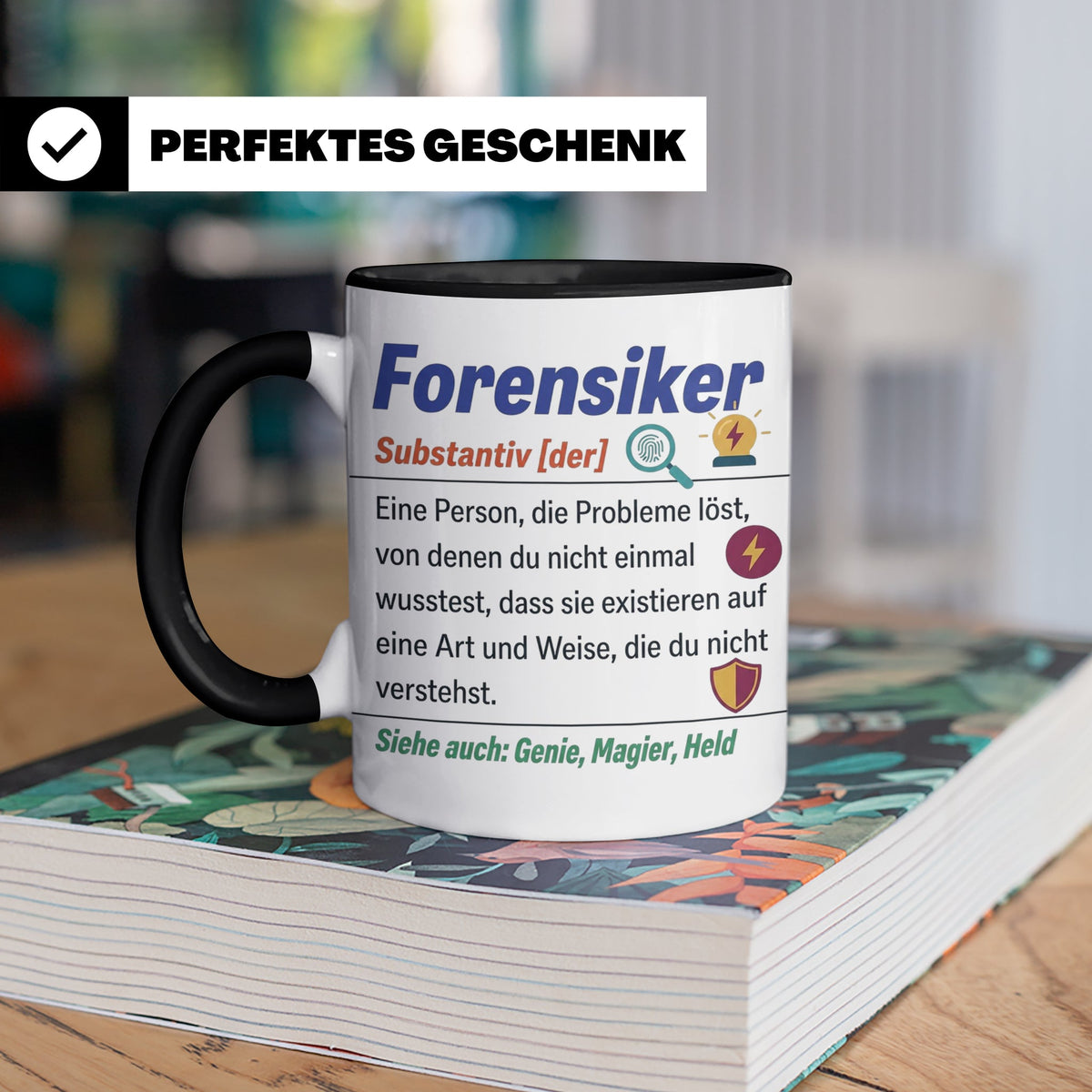Forensiker Tasse mit lustiger Definition, Geschenk für Krimi – Schwarz [farbe:schwarz]