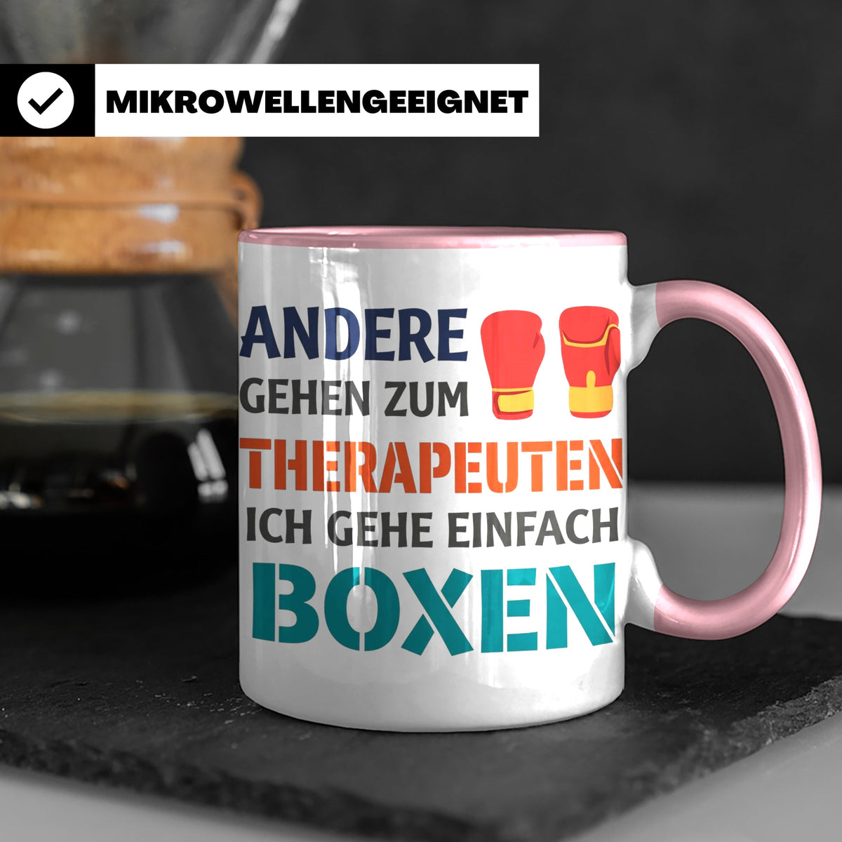 Boxen Tasse mit Spruch Andere gehen zum Therapeuten | Lustig – Rosa [farbe:rosa]