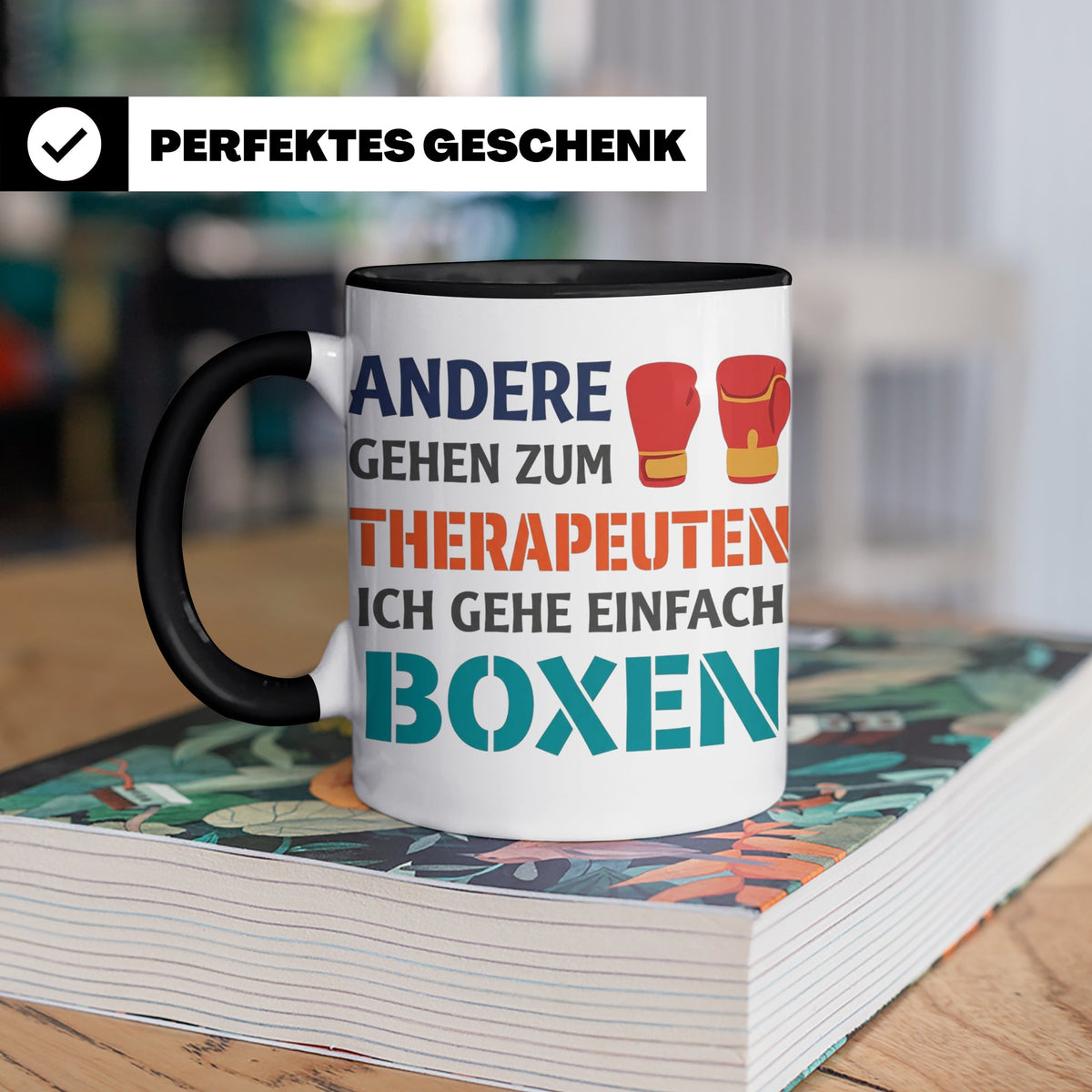 Boxen Tasse mit Spruch Andere gehen zum Therapeuten | Lustig – Schwarz [farbe:schwarz]