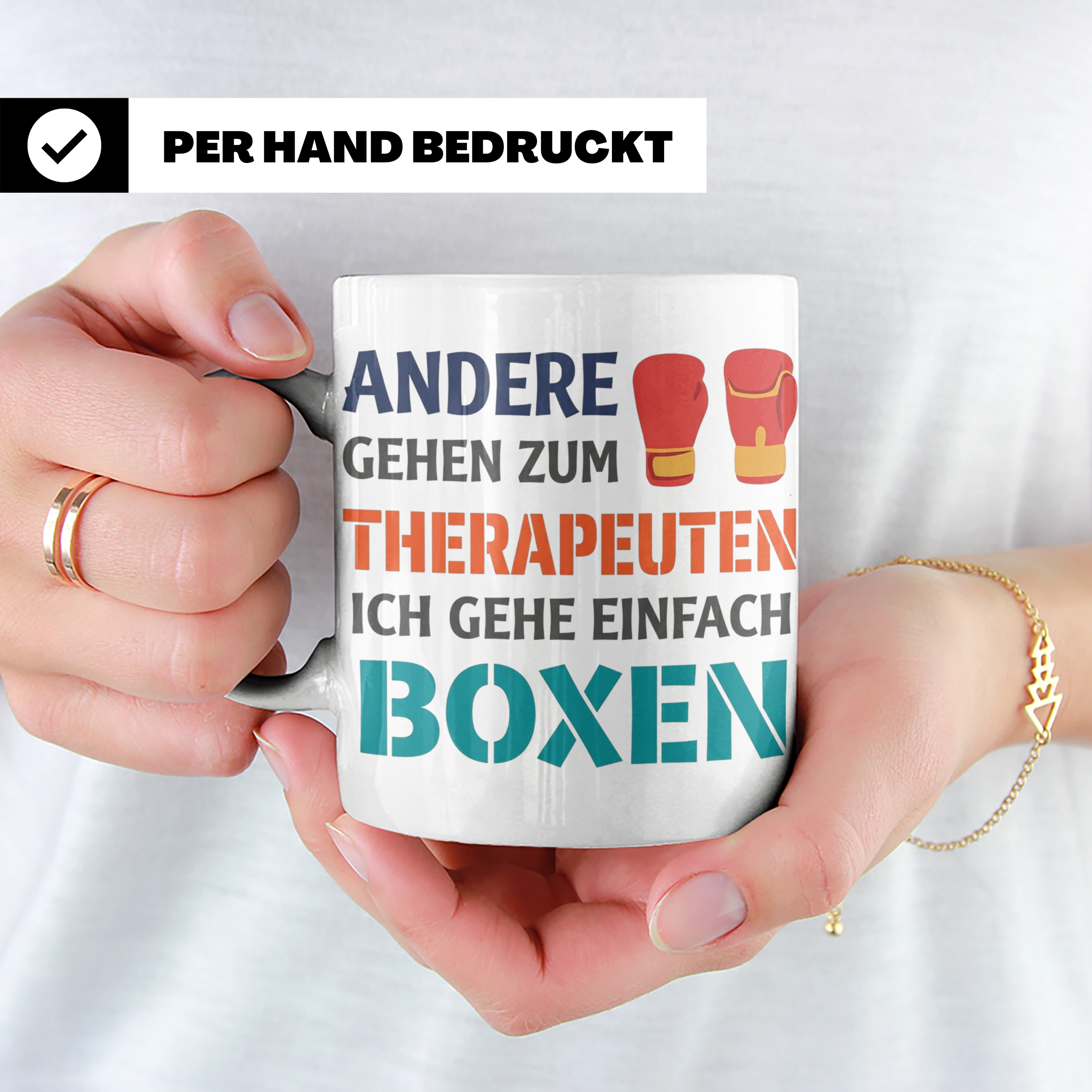 Boxen Tasse mit Spruch Andere gehen zum Therapeuten | Lustig – Weiß [farbe:weiß]