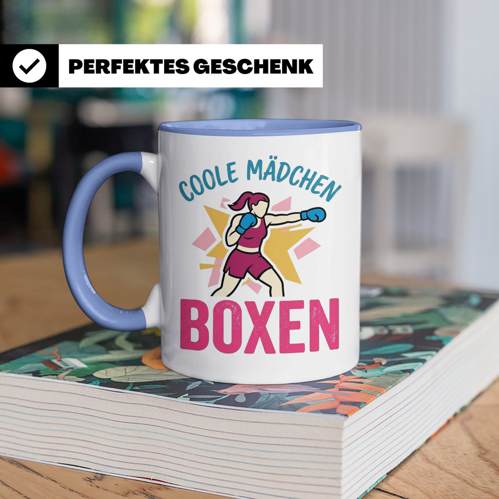 Boxerin Tasse mit Spruch 'Coole Mädchen boxen' Geschenk für  – Blau [farbe:blau]