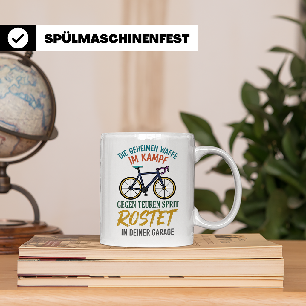 Fahrrad Tasse mit Spruch Geheime Waffe gegen teuren Sprit |  – Weiß [farbe:weiß]