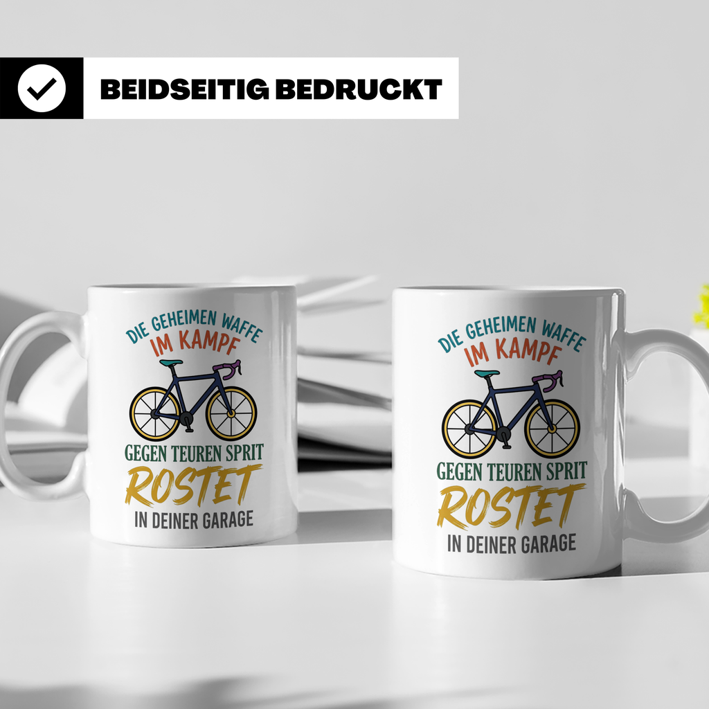 Fahrrad Tasse mit Spruch Geheime Waffe gegen teuren Sprit |  – Weiß [farbe:weiß]