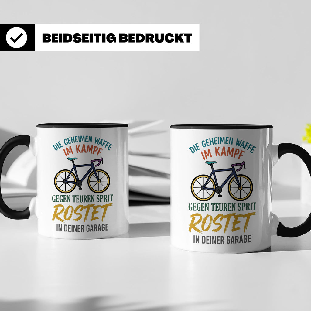 Fahrrad Tasse mit Spruch Geheime Waffe gegen teuren Sprit |  – Schwarz [farbe:schwarz]