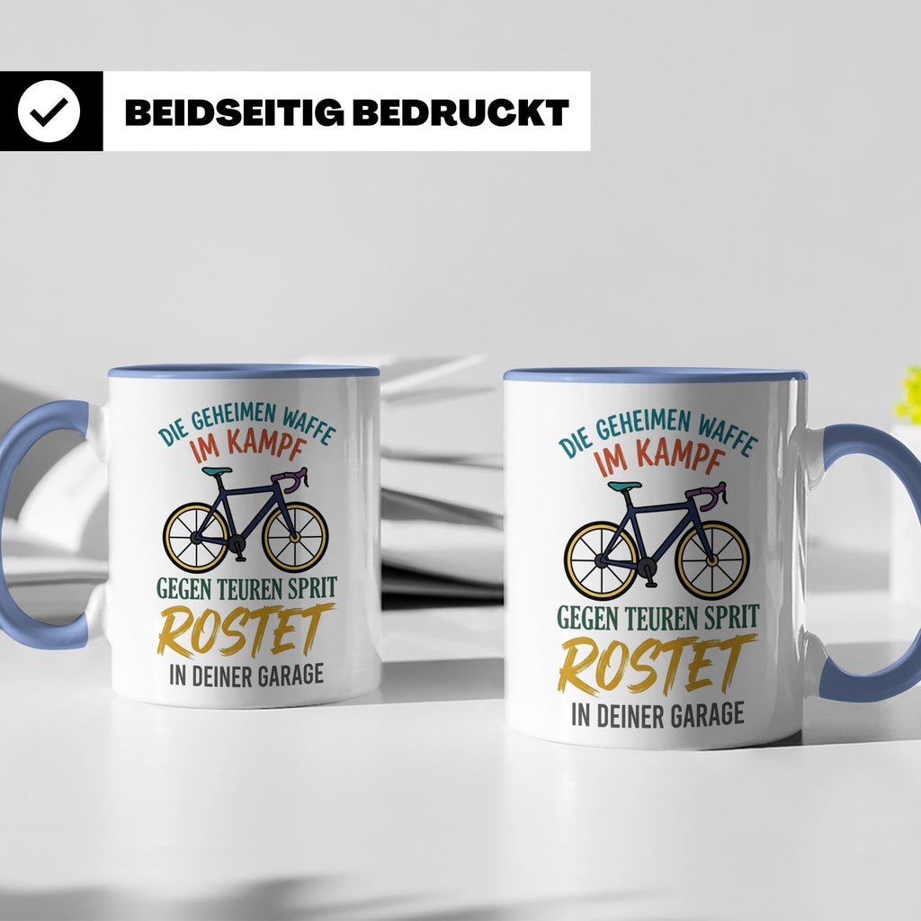 Fahrrad Tasse mit Spruch Geheime Waffe gegen teuren Sprit |  – Blau [farbe:blau]