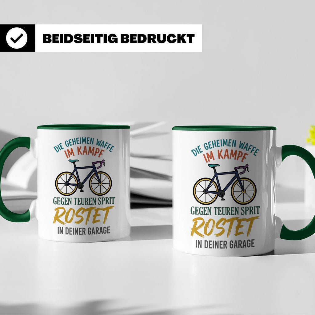 Fahrrad Tasse mit Spruch Geheime Waffe gegen teuren Sprit |  – Grün [farbe:grün]