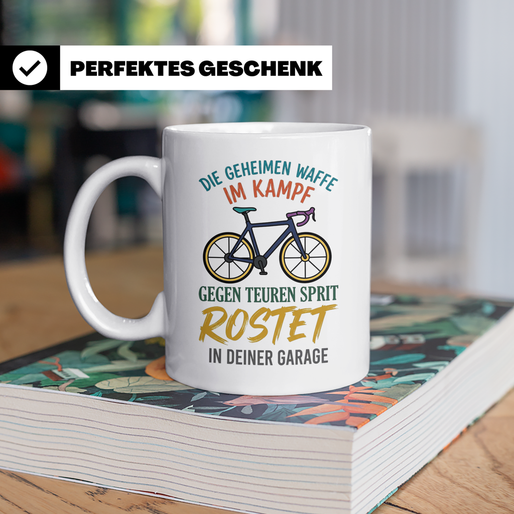 Fahrrad Tasse mit Spruch Geheime Waffe gegen teuren Sprit |  – Weiß [farbe:weiß]