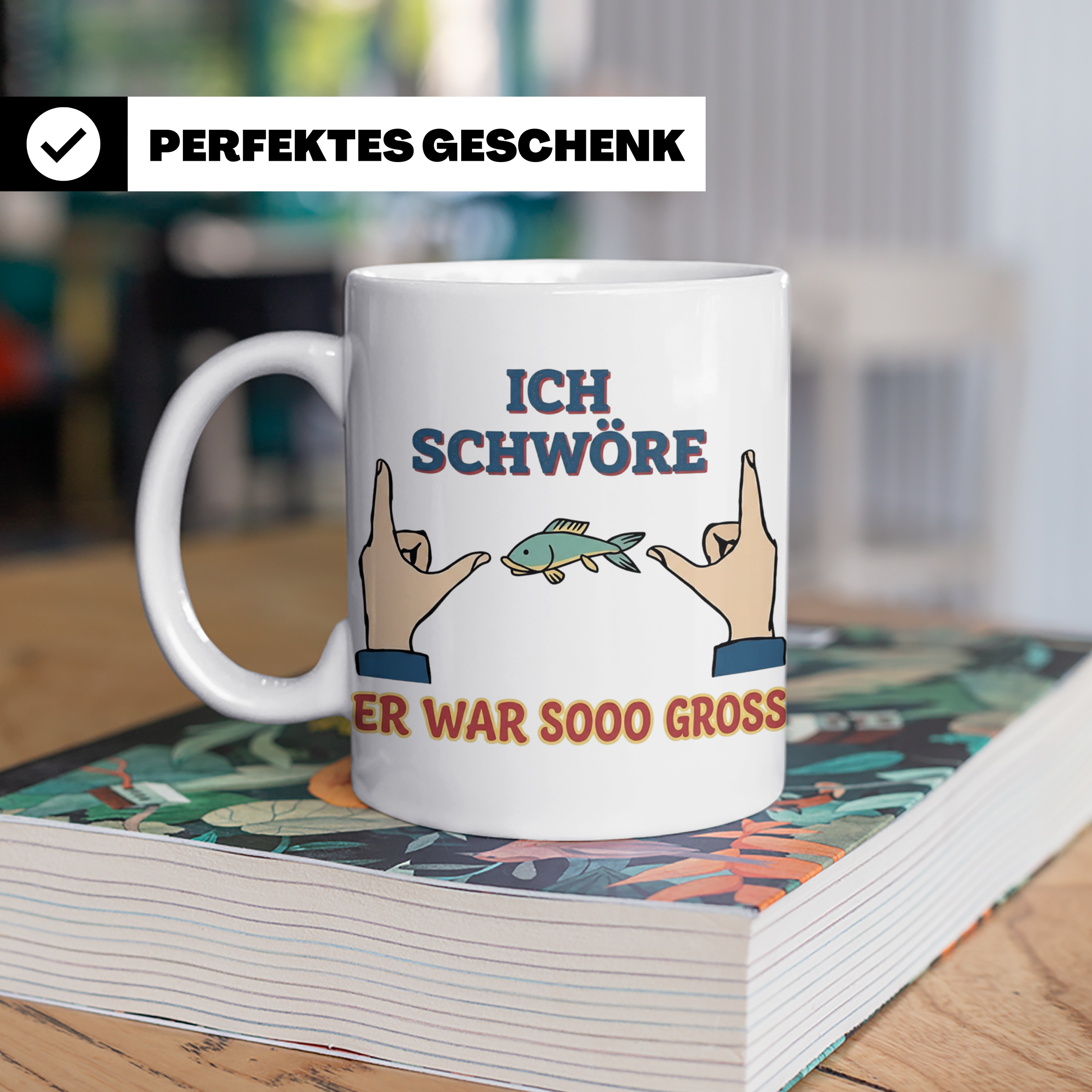 Angler Tasse mit Spruch Ich schwöre er war so groß | Lustige – Weiß [farbe:weiß]