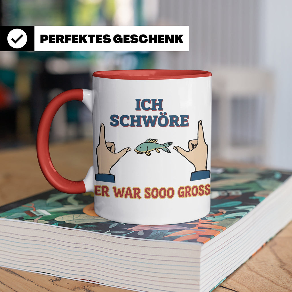 Angler Tasse mit Spruch Ich schwöre er war so groß | Lustige – Rot [farbe:rot]