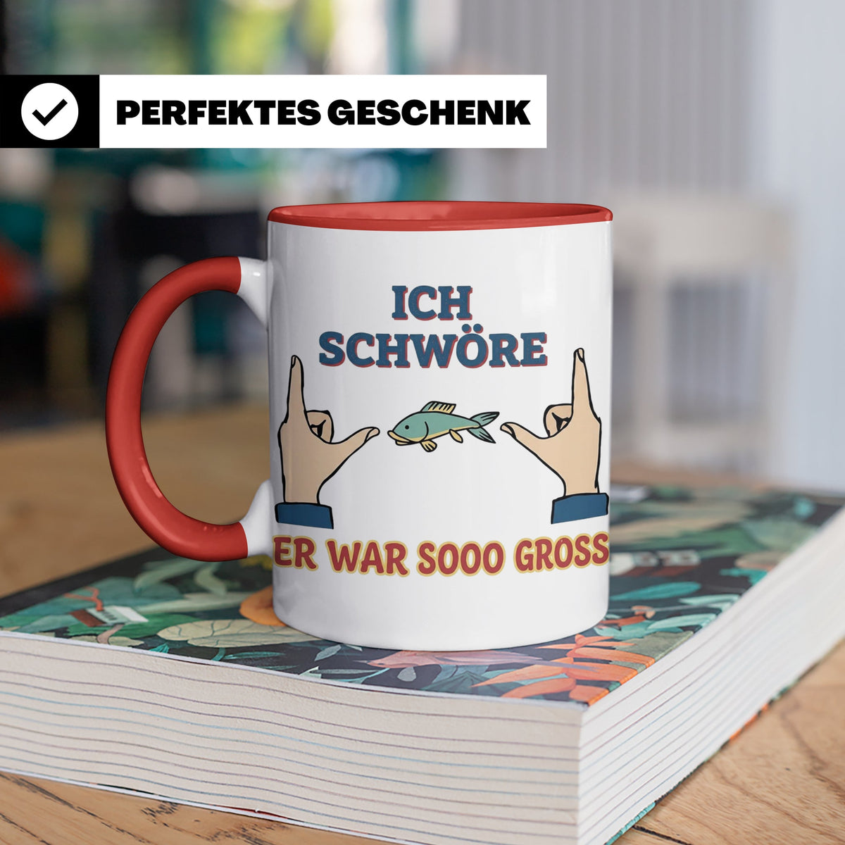 Angler Tasse mit Spruch Ich schwöre er war so groß | Lustige – Rot [farbe:rot]