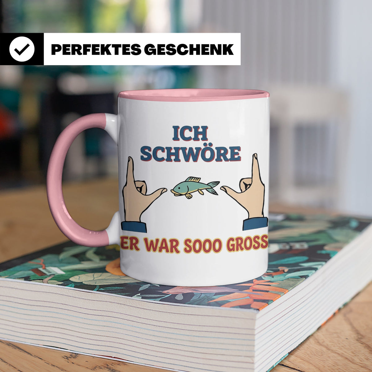 Angler Tasse mit Spruch Ich schwöre er war so groß | Lustige – Rosa [farbe:rosa]