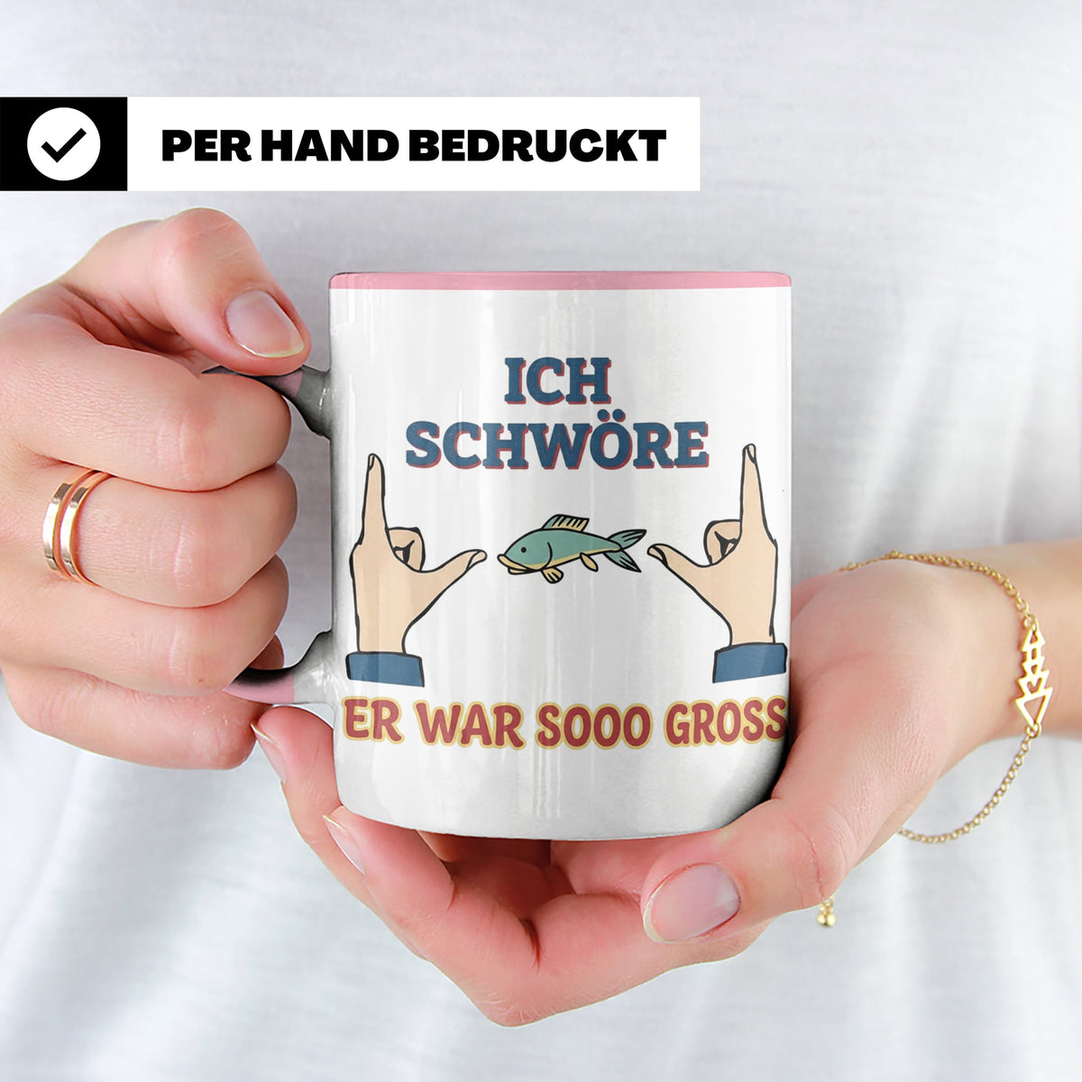 Angler Tasse mit Spruch Ich schwöre er war so groß | Lustige – Rosa [farbe:rosa]