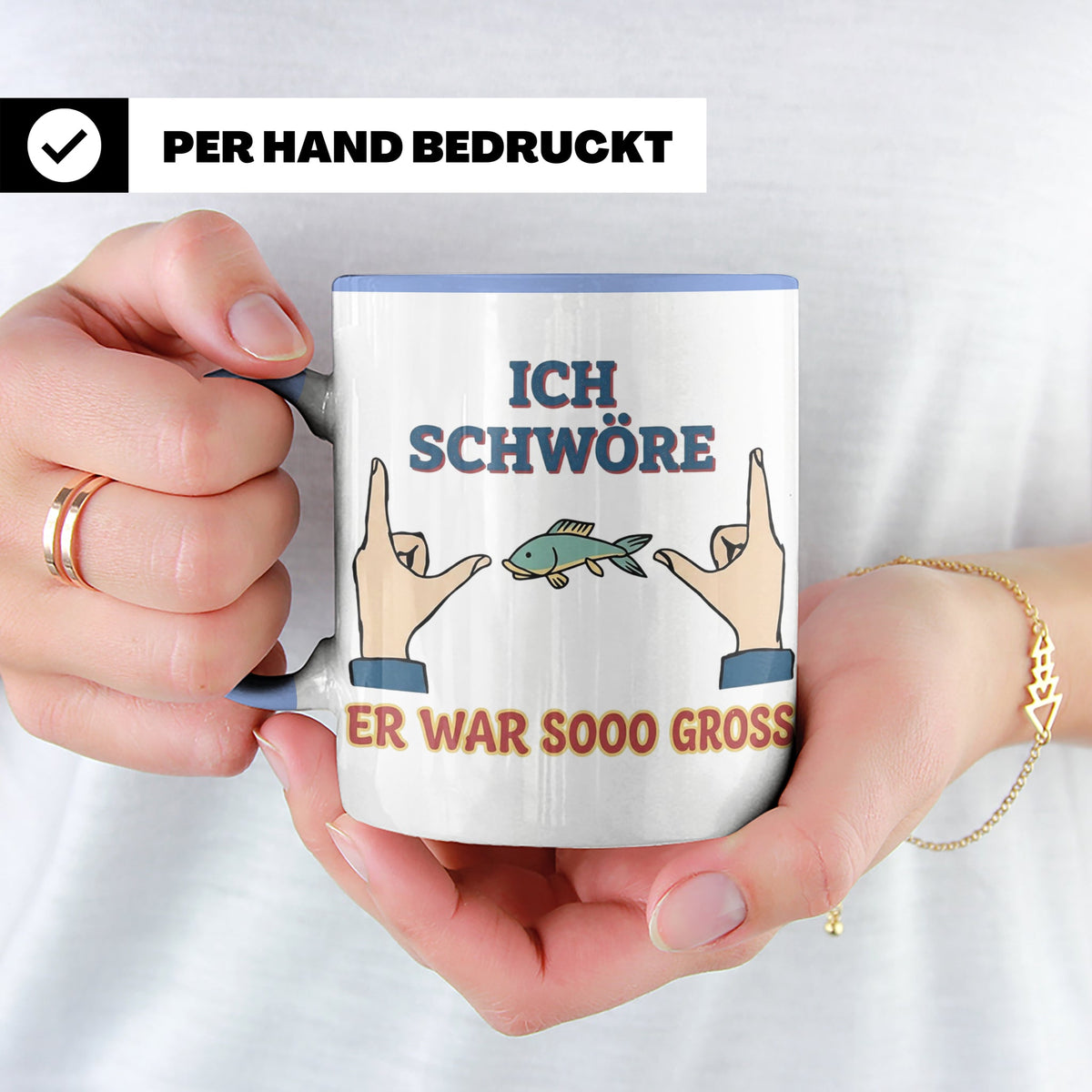 Angler Tasse mit Spruch Ich schwöre er war so groß | Lustige – Blau [farbe:blau]