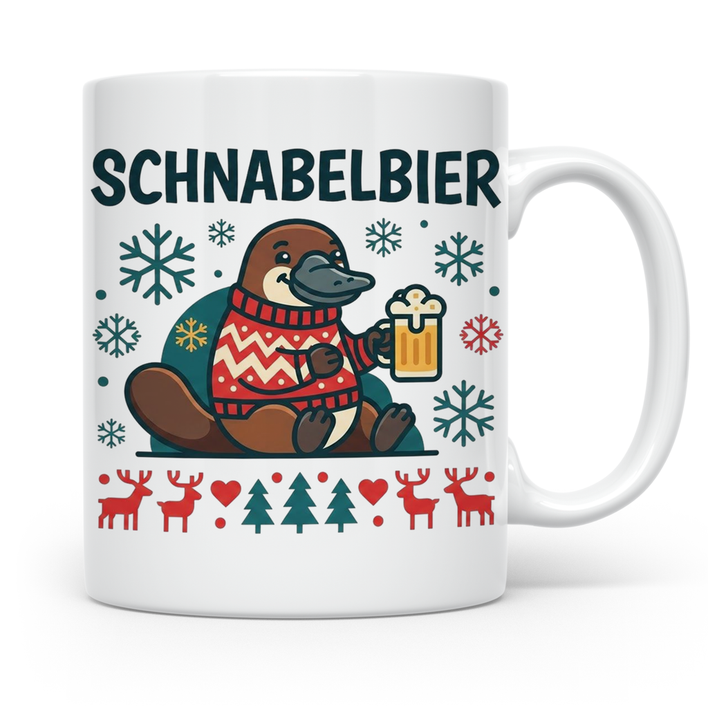 Schnabelbier Tasse mit Schnabeltier im Ugly Sweater, lustige – Weiß [farbe:weiß]