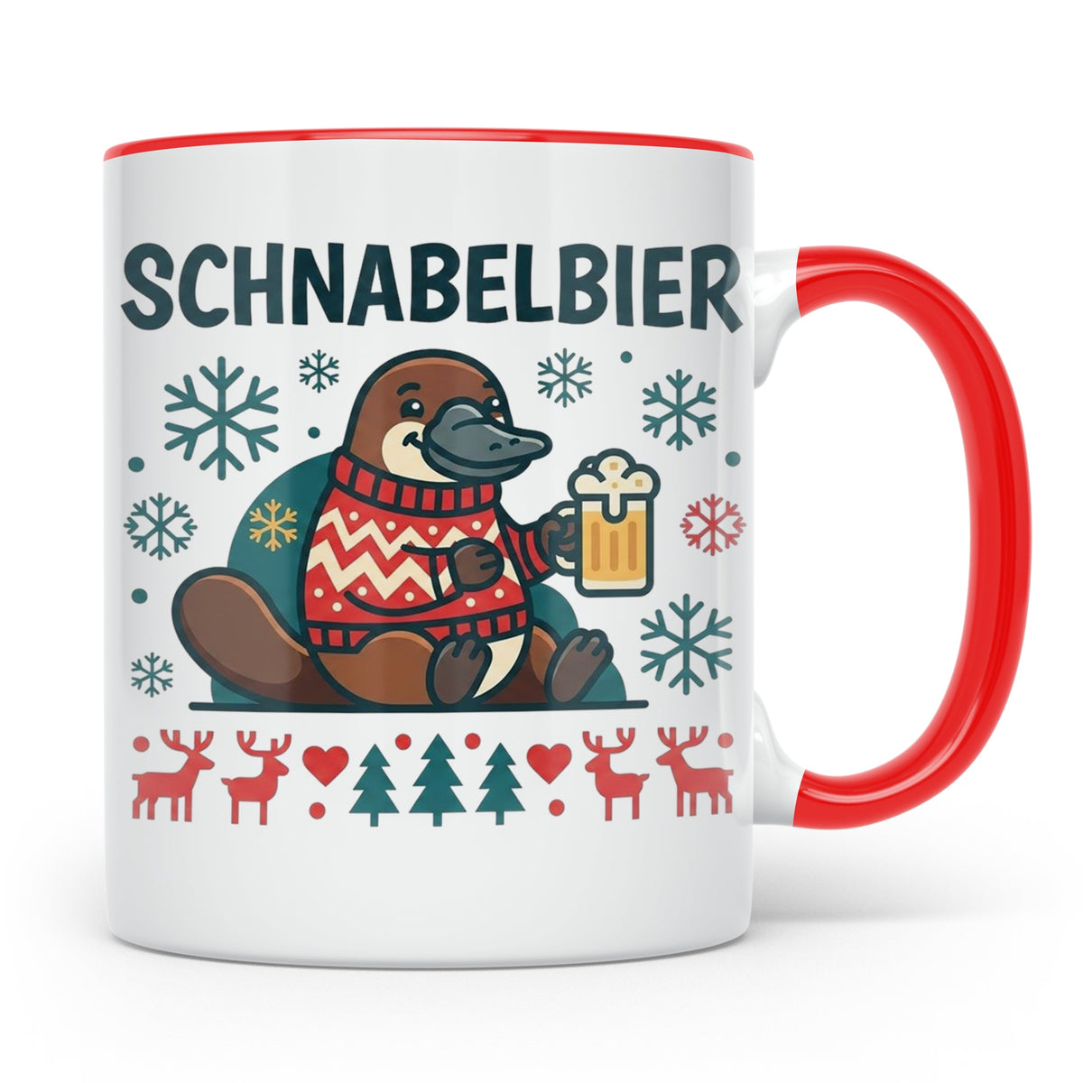 Schnabelbier Tasse mit Schnabeltier im Ugly Sweater, lustige – Rot [farbe:rot]