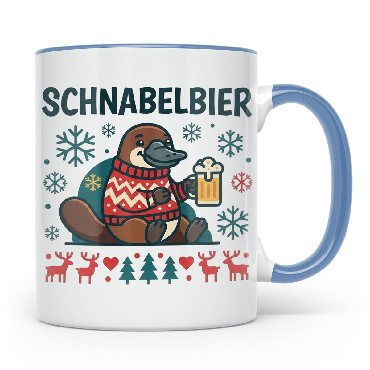 Schnabelbier Tasse mit Schnabeltier im Ugly Sweater, lustige – Blau [farbe:blau]