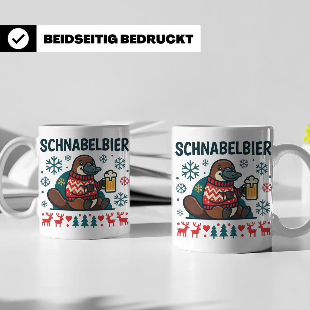 Schnabelbier Tasse mit Schnabeltier im Ugly Sweater, lustige – Weiß [farbe:weiß]