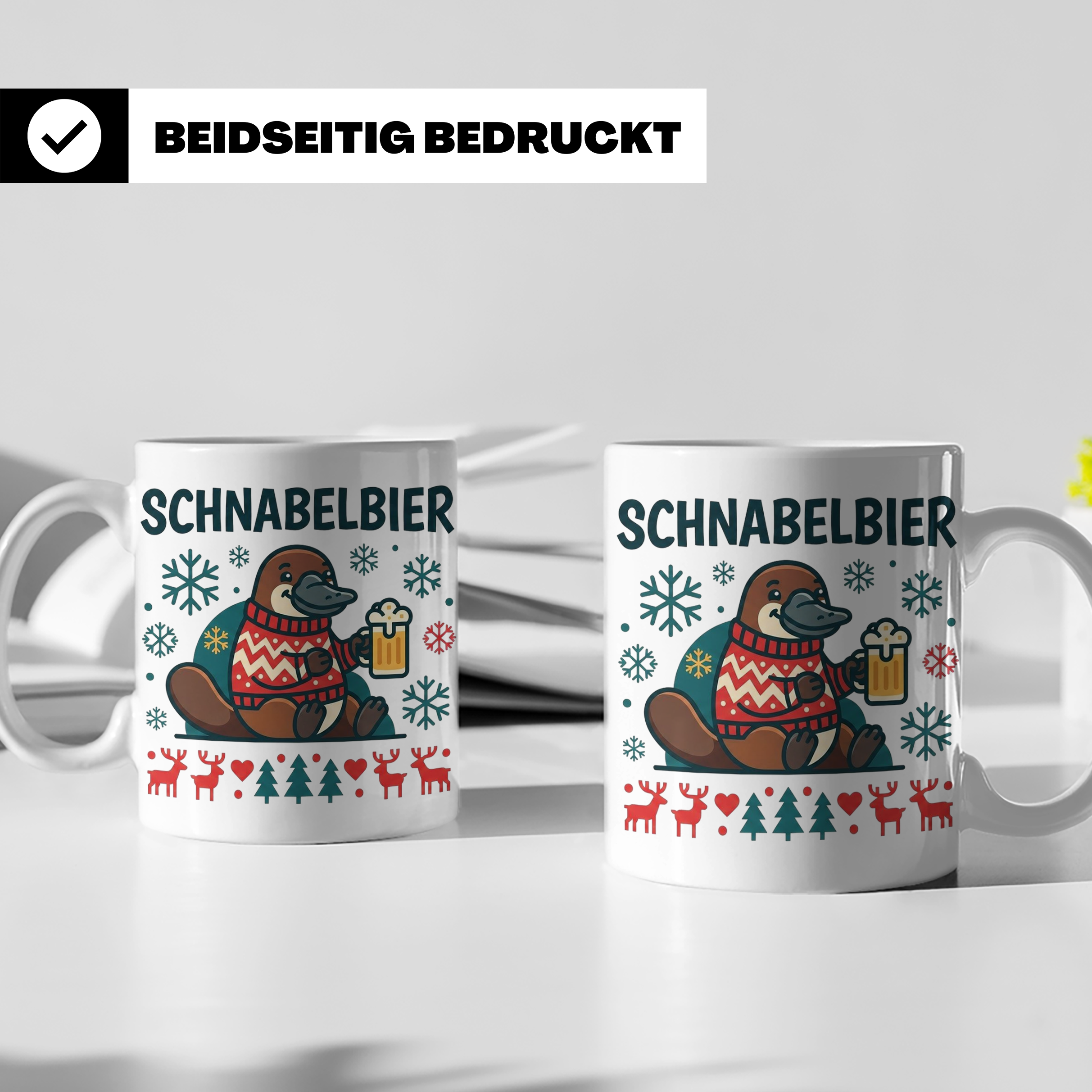 Schnabelbier Tasse mit Schnabeltier im Ugly Sweater, lustige – Weiß [farbe:weiß]