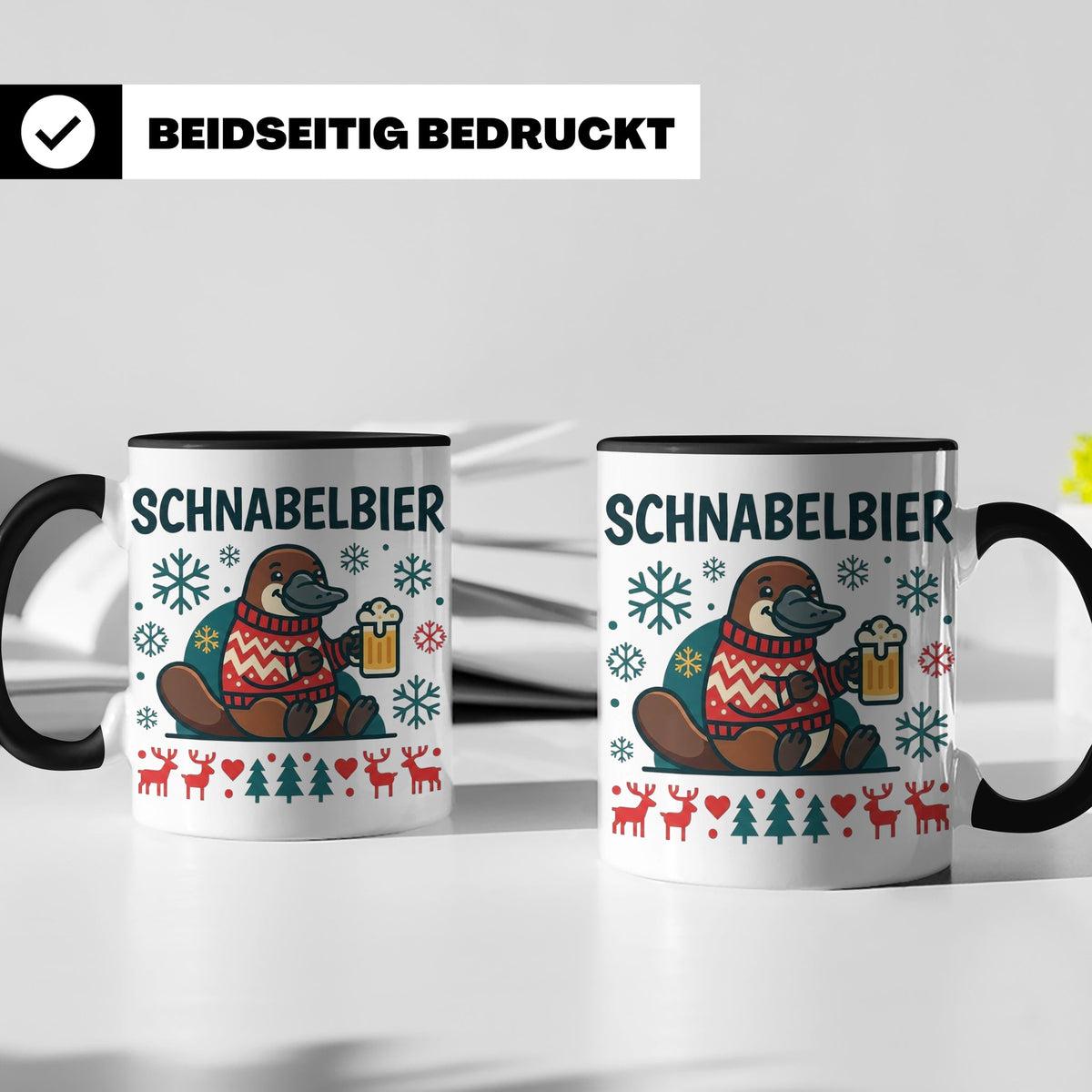 Schnabelbier Tasse mit Schnabeltier im Ugly Sweater, lustige – Schwarz [farbe:schwarz]