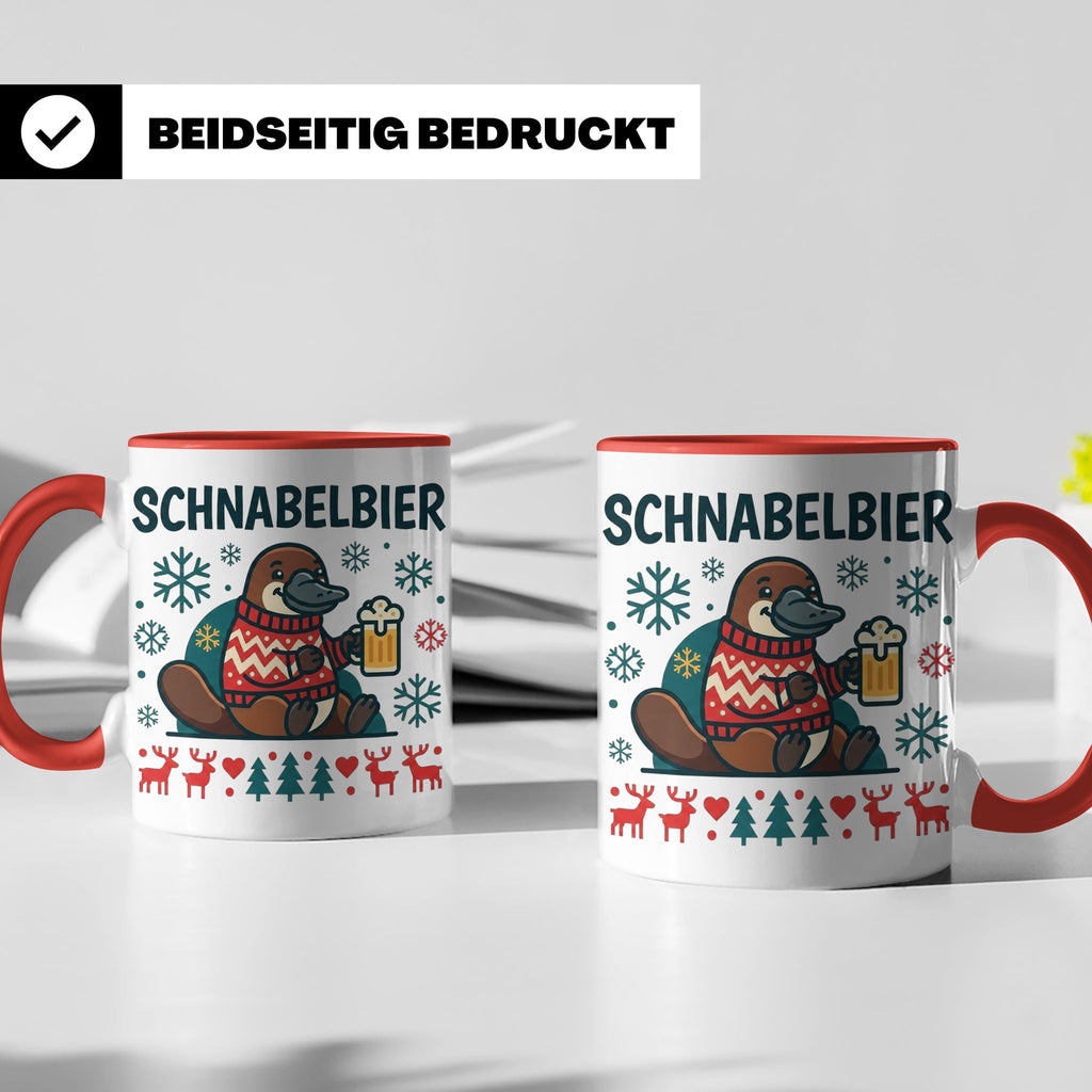 Schnabelbier Tasse mit Schnabeltier im Ugly Sweater, lustige – Rot [farbe:rot]