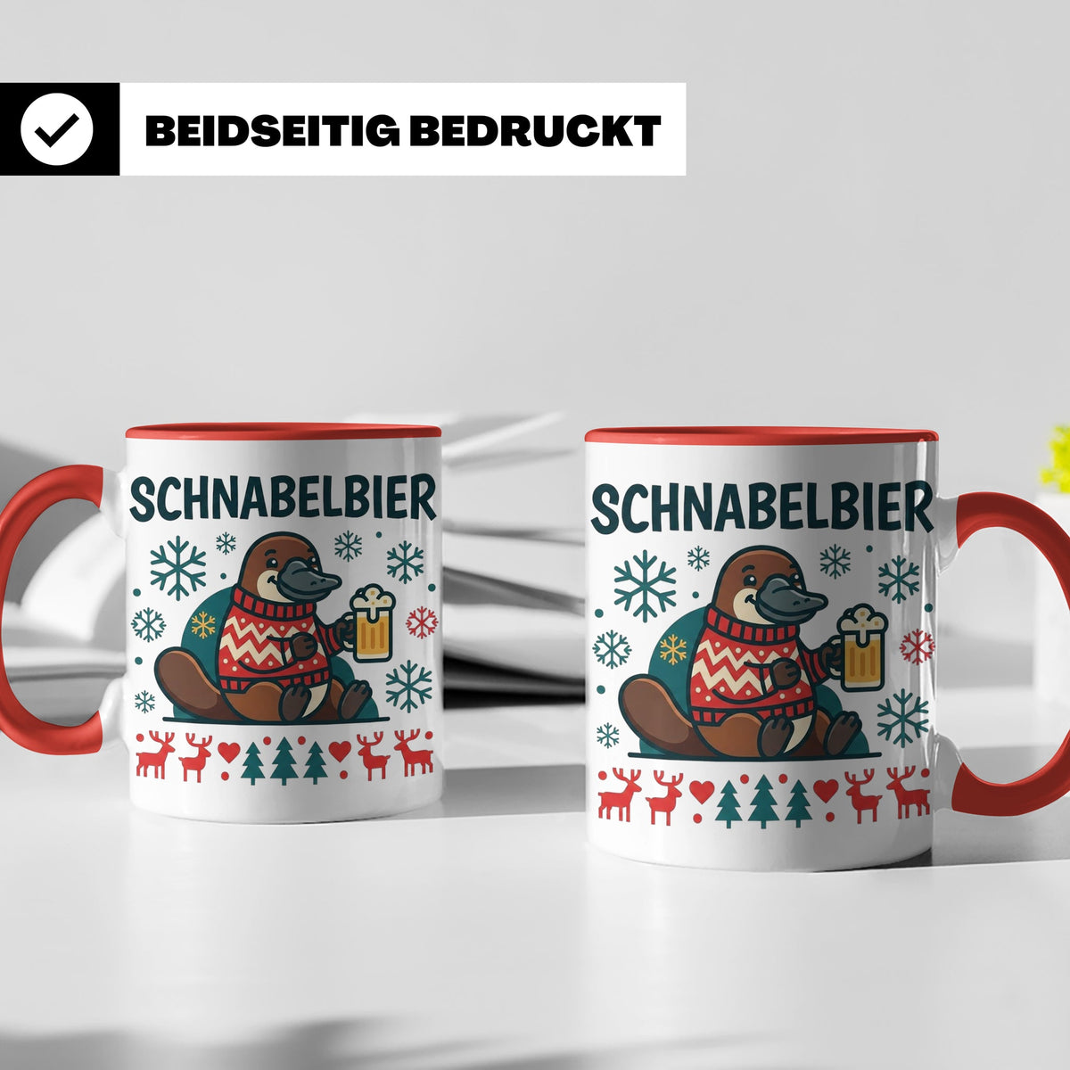 Schnabelbier Tasse mit Schnabeltier im Ugly Sweater, lustige – Rot [farbe:rot]