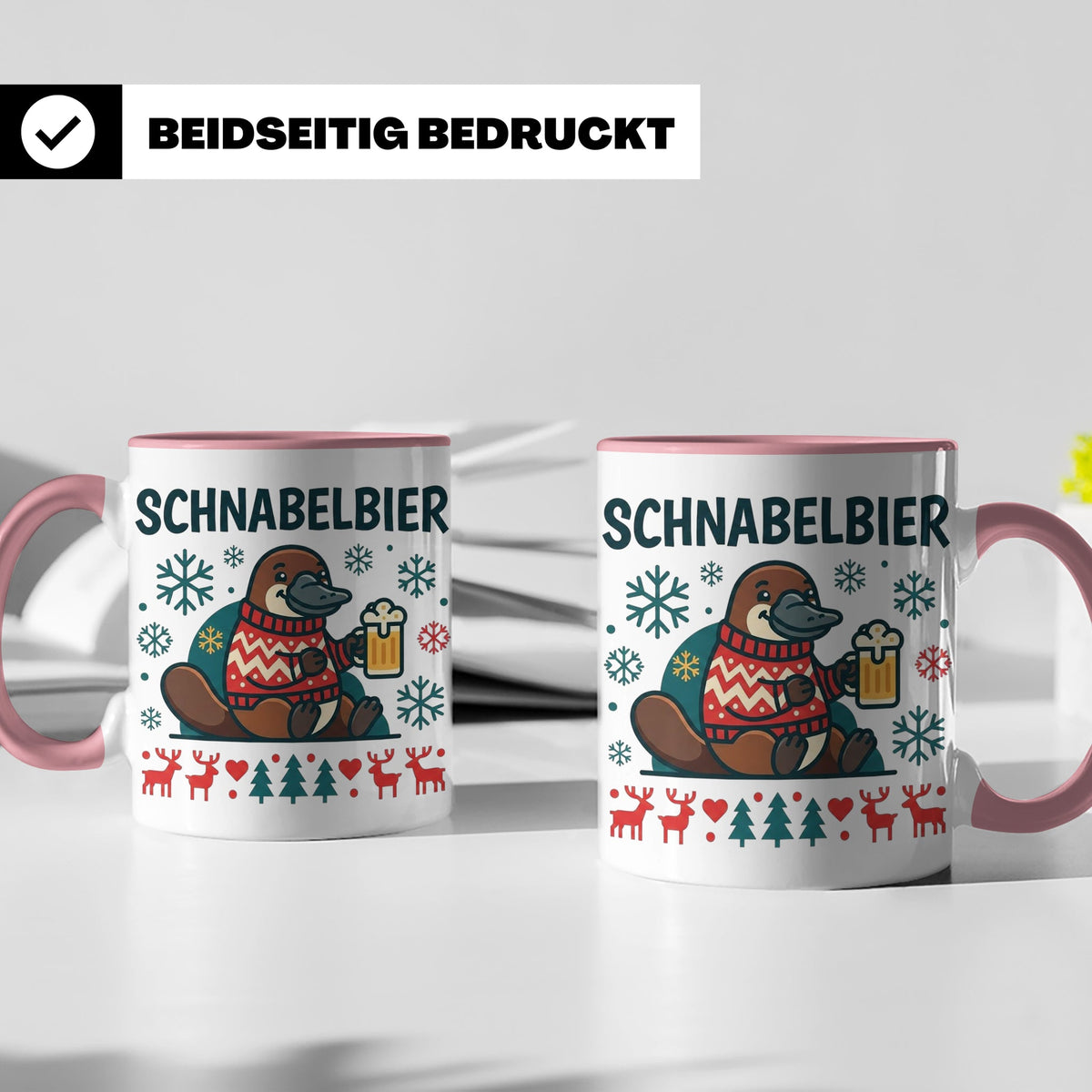 Schnabelbier Tasse mit Schnabeltier im Ugly Sweater, lustige – Rosa [farbe:rosa]