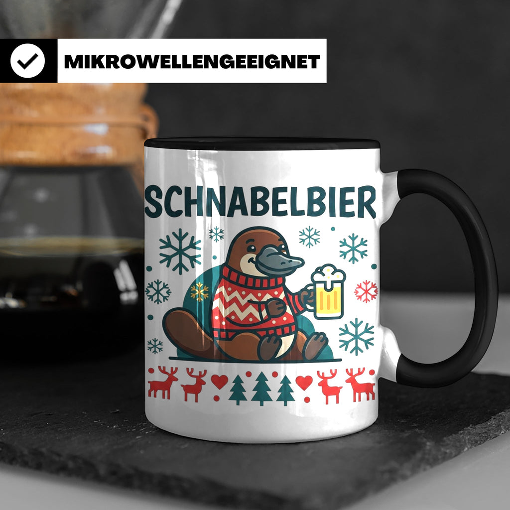 Schnabelbier Tasse mit Schnabeltier im Ugly Sweater, lustige – Schwarz [farbe:schwarz]