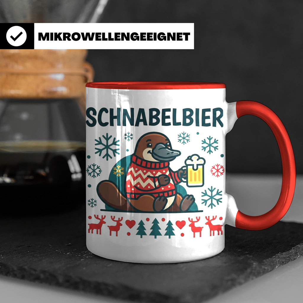 Schnabelbier Tasse mit Schnabeltier im Ugly Sweater, lustige – Rot [farbe:rot]