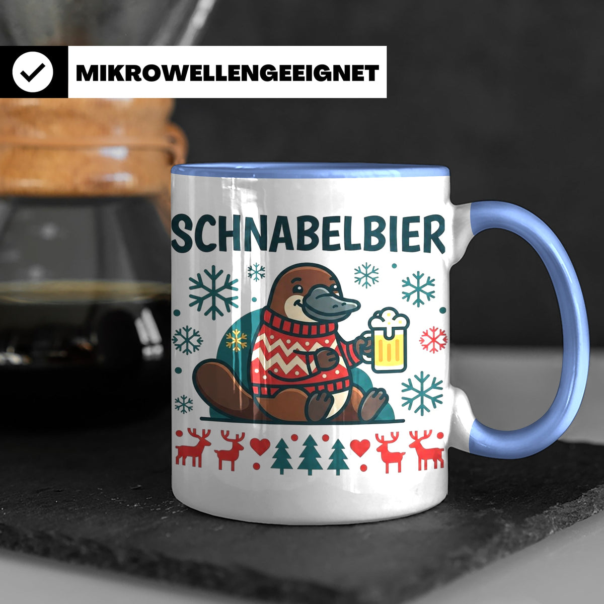 Schnabelbier Tasse mit Schnabeltier im Ugly Sweater, lustige – Blau [farbe:blau]