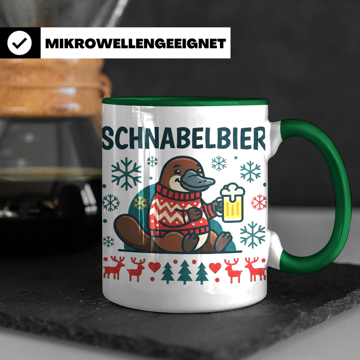 Schnabelbier Tasse mit Schnabeltier im Ugly Sweater, lustige – Grün [farbe:grün]