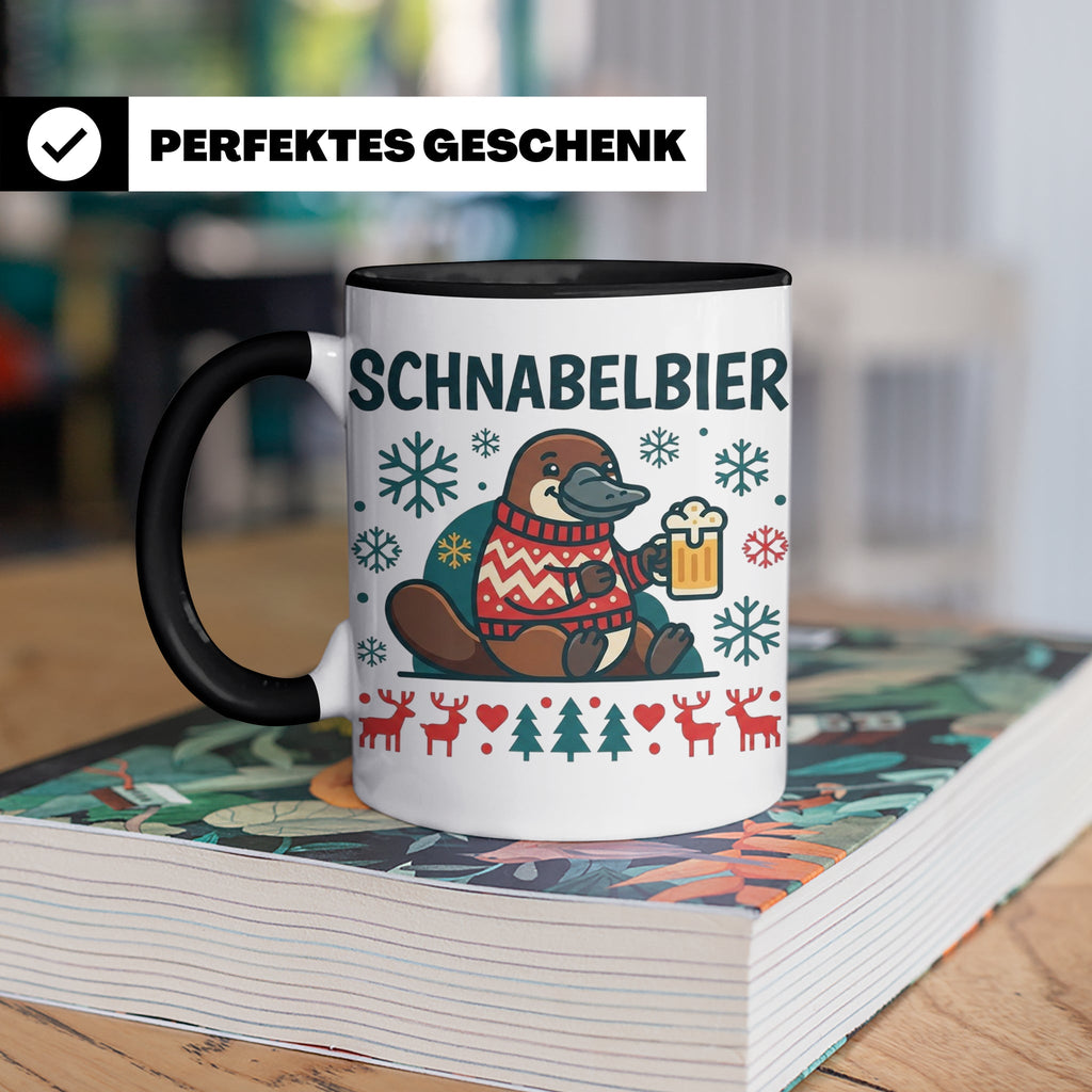 Schnabelbier Tasse mit Schnabeltier im Ugly Sweater, lustige – Schwarz [farbe:schwarz]