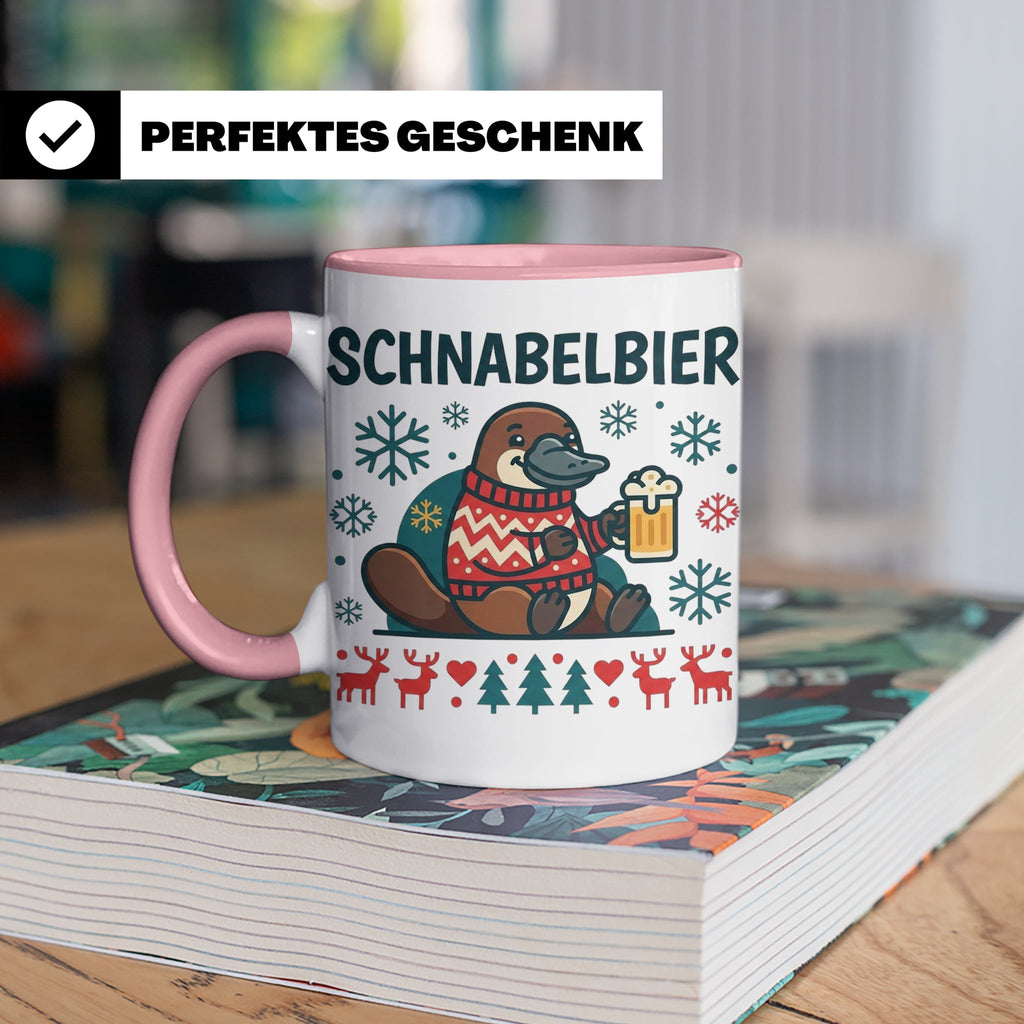 Schnabelbier Tasse mit Schnabeltier im Ugly Sweater, lustige – Rosa [farbe:rosa]
