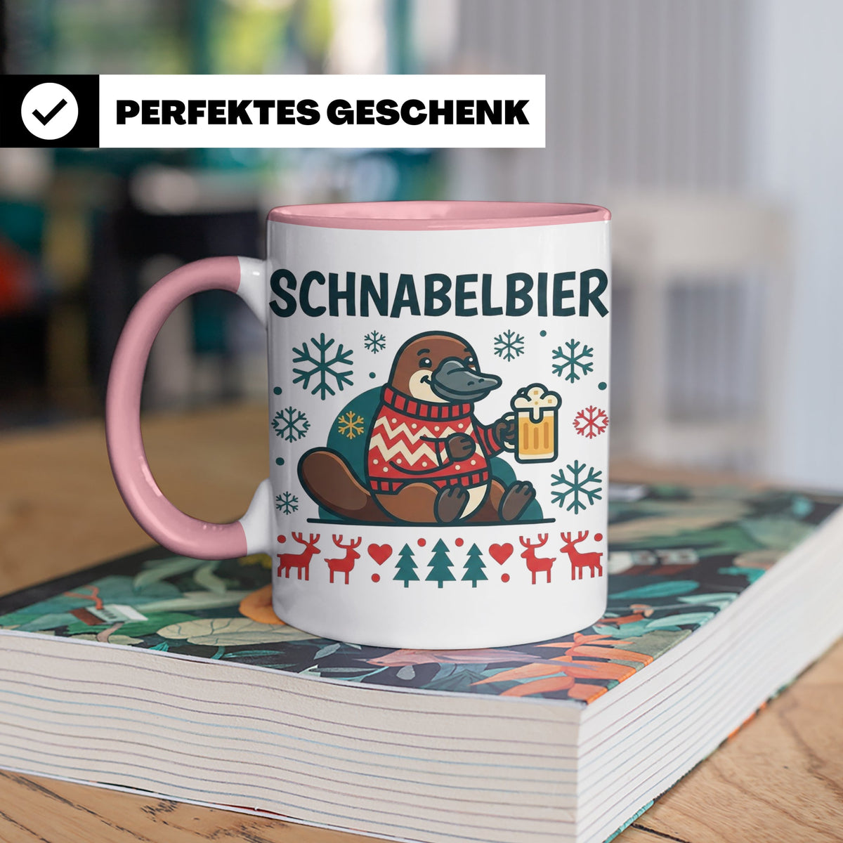 Schnabelbier Tasse mit Schnabeltier im Ugly Sweater, lustige – Rosa [farbe:rosa]