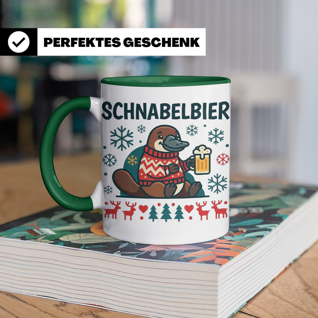 Schnabelbier Tasse mit Schnabeltier im Ugly Sweater, lustige – Grün [farbe:grün]