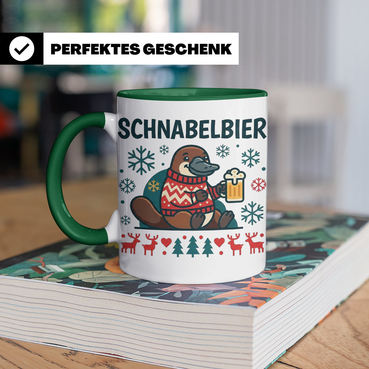 Schnabelbier Tasse mit Schnabeltier im Ugly Sweater, lustige – Grün [farbe:grün]