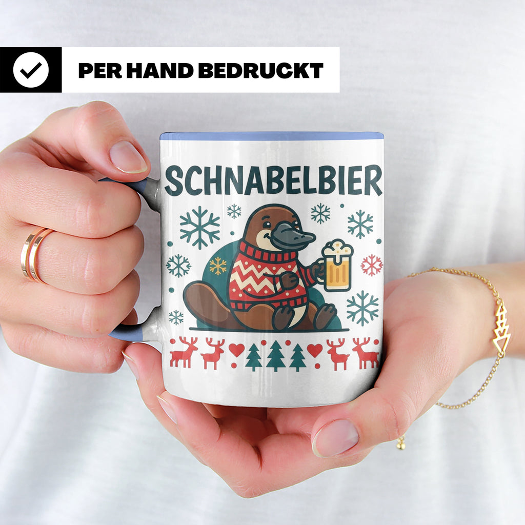 Schnabelbier Tasse mit Schnabeltier im Ugly Sweater, lustige – Blau [farbe:blau]