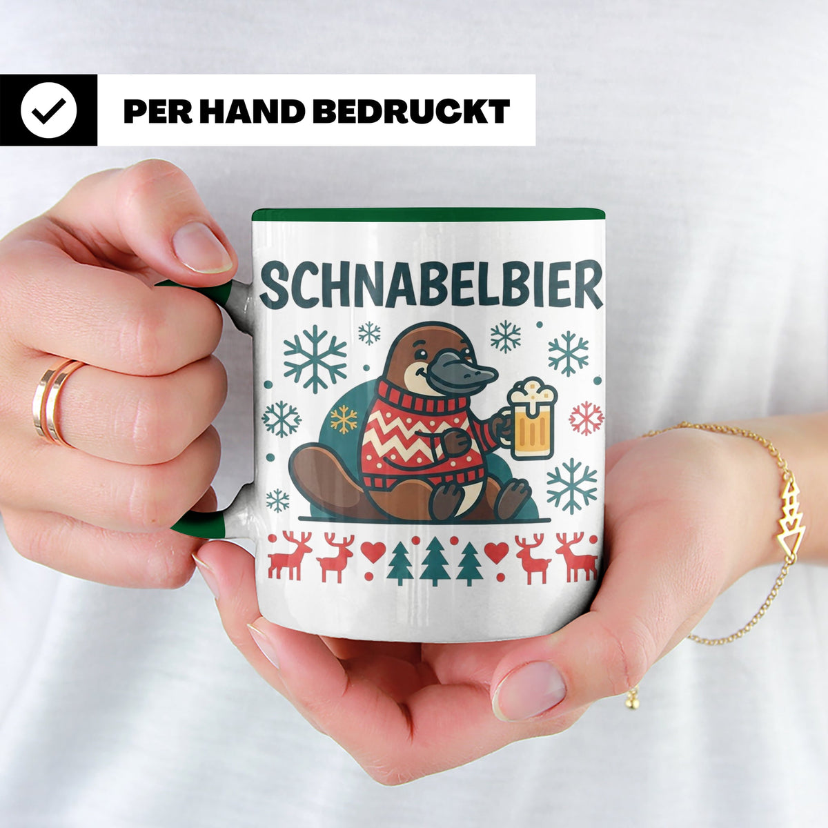 Schnabelbier Tasse mit Schnabeltier im Ugly Sweater, lustige – Grün [farbe:grün]