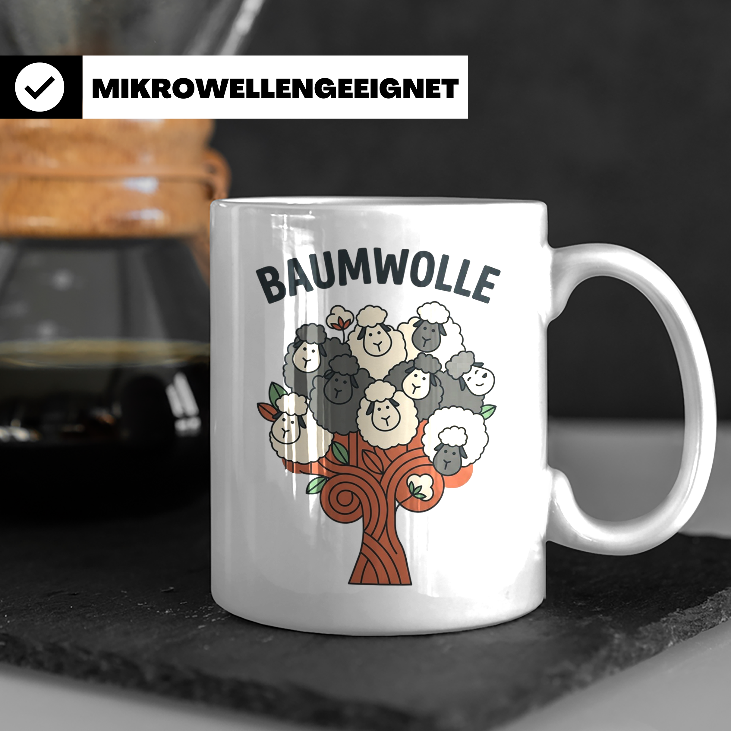Baumwolle Tasse lustiges Wortspiel Schaf auf Baum, Kaffeebec – Weiß [farbe:weiß]
