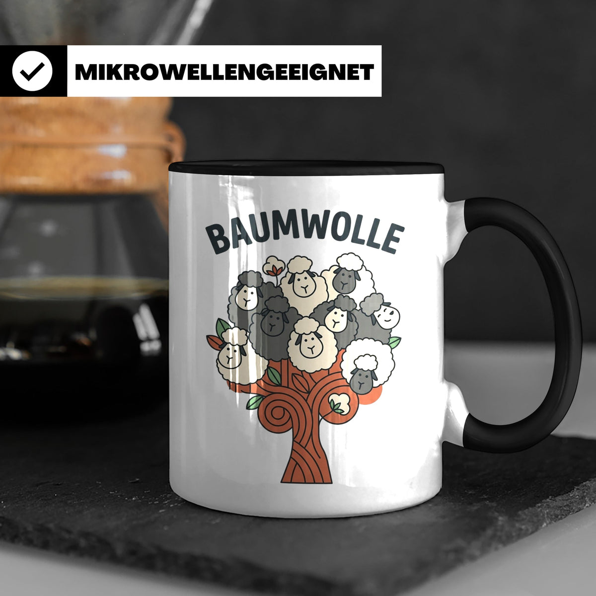 Baumwolle Tasse lustiges Wortspiel Schaf auf Baum, Kaffeebec – Schwarz [farbe:schwarz]
