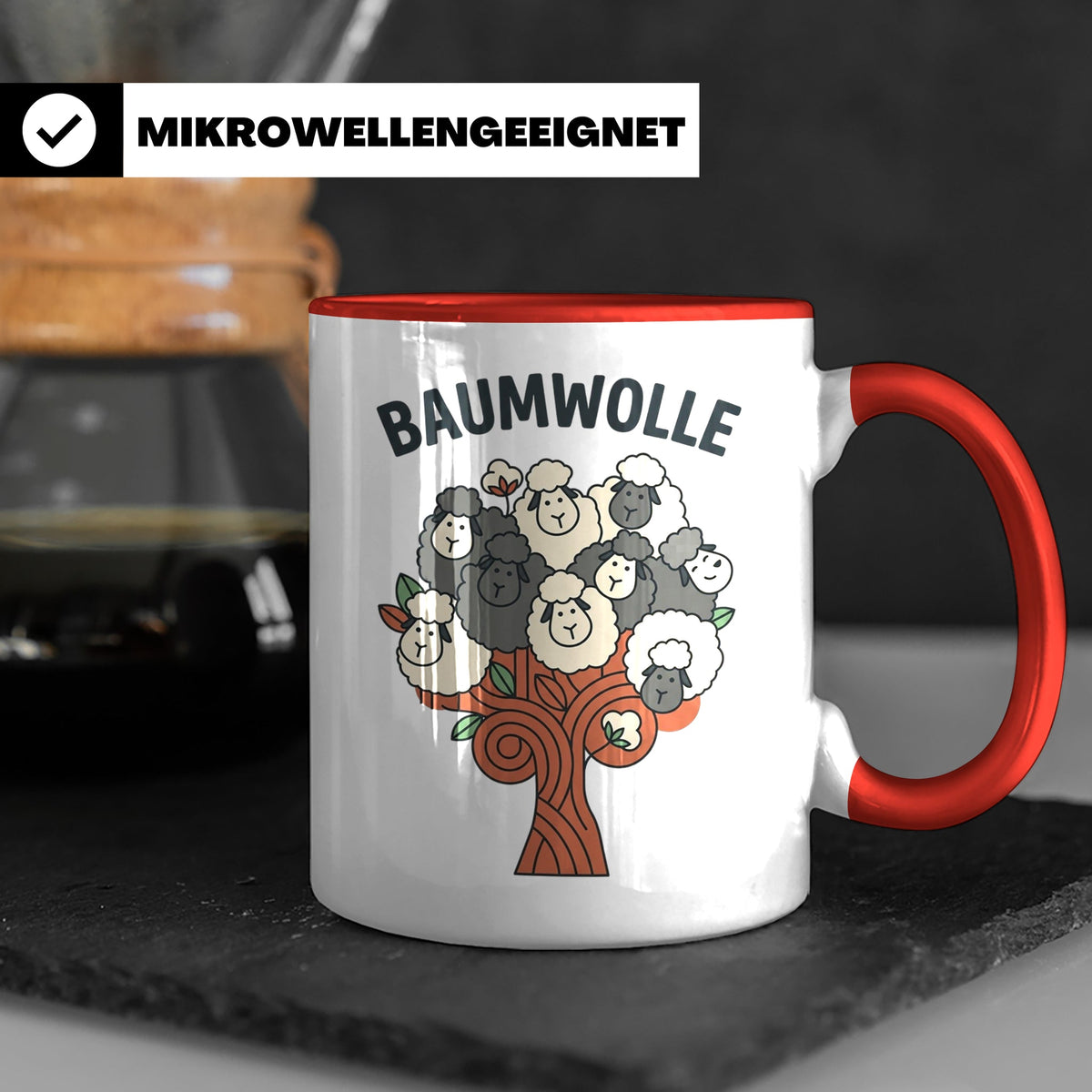 Baumwolle Tasse lustiges Wortspiel Schaf auf Baum, Kaffeebec – Rot [farbe:rot]