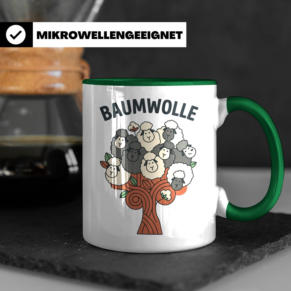 Baumwolle Tasse lustiges Wortspiel Schaf auf Baum, Kaffeebec – Grün [farbe:grün]